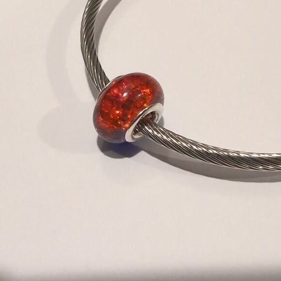 Silver Two Tone "Crushed Glass" Blue and Orange Charm for Pandora Style Bracelet - Picture 5 of 6